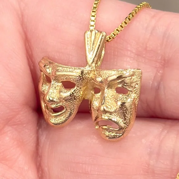 14K Drama Comedy Mask Pendant Yellow Gold Michael Anthony Actor Theater Thespian - Picture 1 of 14